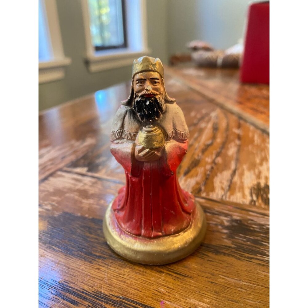 Vintage Hand-Painted Wise Man Figurine Christmas Nativity King Statue Red & Gold